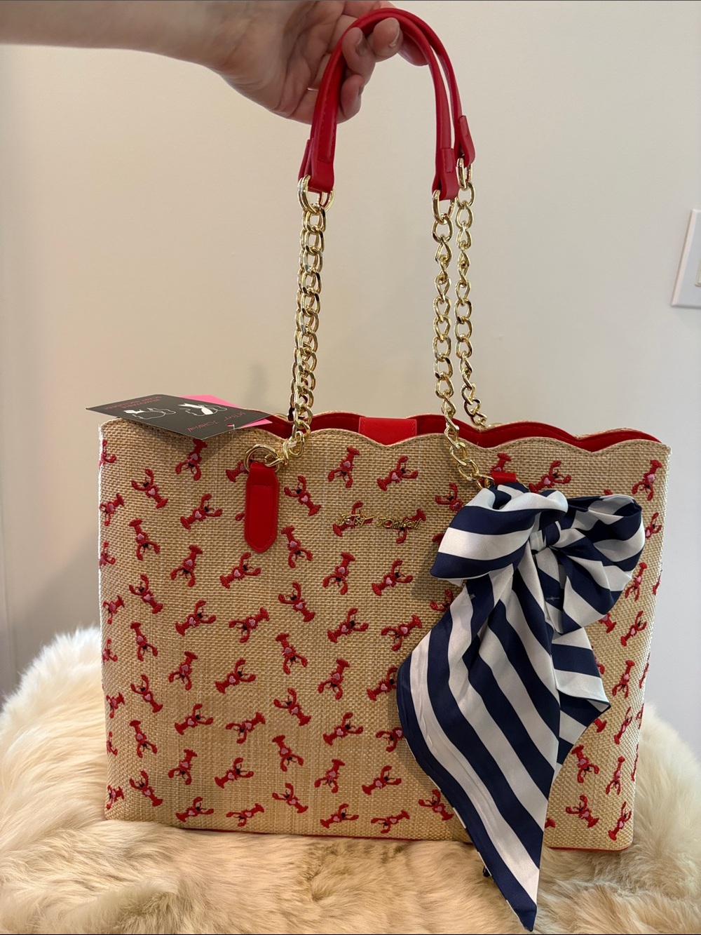 Betsey Johnson Red-Trim Straw Lobster Tote with Nautical Bow NWT